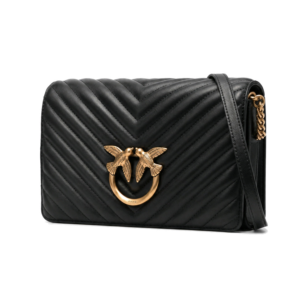 PINKO Love Icon Classic V-Shaped Quilted Leather Shoulder Bag in Black