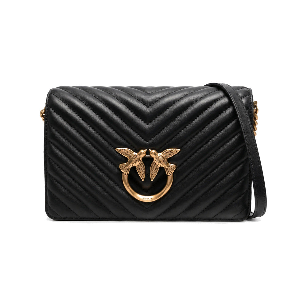 PINKO Love Icon Classic V-Shaped Quilted Leather Shoulder Bag in Black