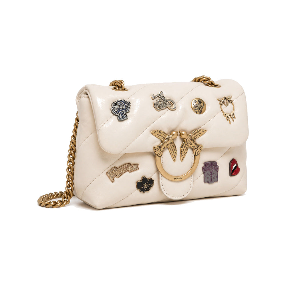 PINKO Love Puff Logo Jewel Mini Bag in Off White with Patches