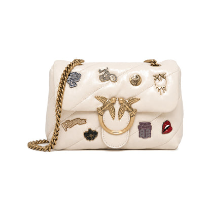 PINKO Love Puff Logo Jewel Mini Bag in Off White with Patches