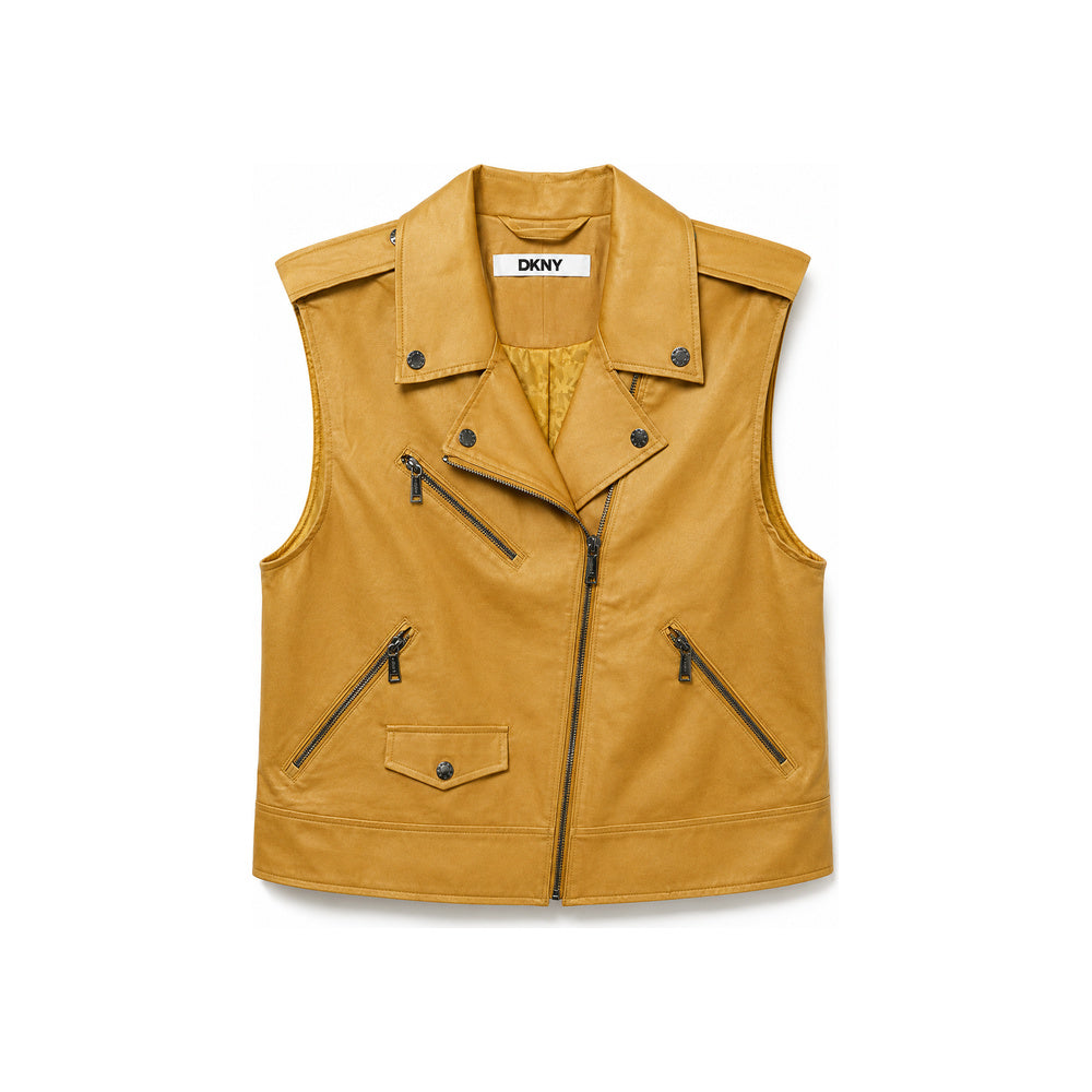 DKNY Faux Leather Moto Vest In Mustard Gold