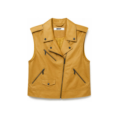 DKNY Faux Leather Moto Vest In Mustard Gold