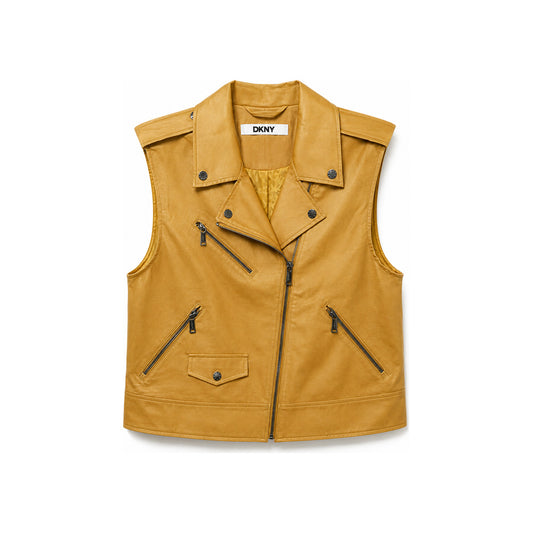 DKNY Faux Leather Moto Vest In Mustard Gold