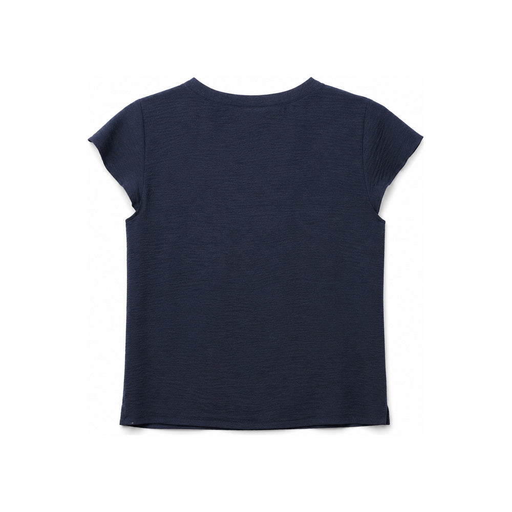 Calvin Klein Textured Split V-Neck Short Sleeve Top In Dark Blue