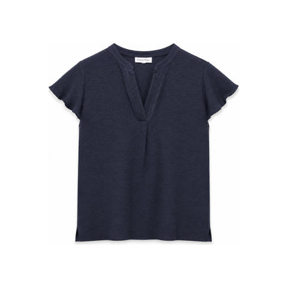Calvin Klein Textured Split V-Neck Short Sleeve Top In Dark Blue