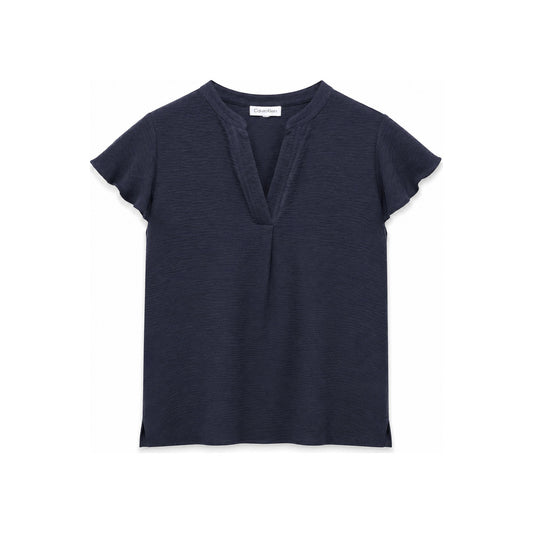 Calvin Klein Textured Split V-Neck Short Sleeve Top In Dark Blue