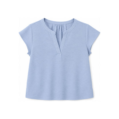 Calvin Klein Textured Split-Neck Short Sleeve Top In Light Blue