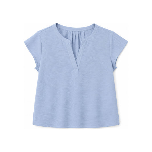 Calvin Klein Textured Split-Neck Short Sleeve Top In Light Blue